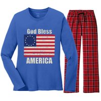 Betsy Ross Flag 1776 Revolutionary War God Bless America Gift Women's Long Sleeve Flannel Pajama Set 