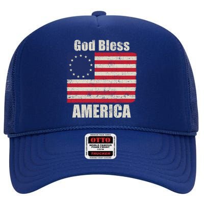 Betsy Ross Flag 1776 Revolutionary War God Bless America Gift High Crown Mesh Back Trucker Hat