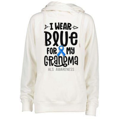 Blue Ribbon For Grandma Disease ALS Awareness Family Cure Womens Funnel Neck Pullover Hood