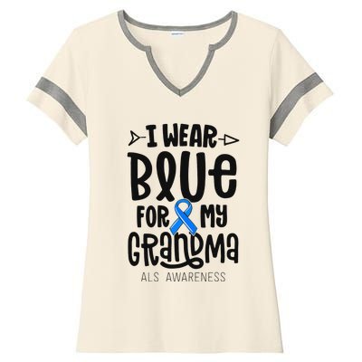 Blue Ribbon For Grandma Disease ALS Awareness Family Cure Ladies Halftime Notch Neck Tee