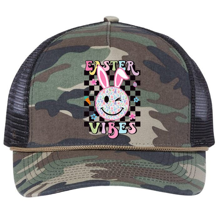 Bunny Rabbit Face Easter Vibes Groovy Happy Face Retro Rope Trucker Hat Cap