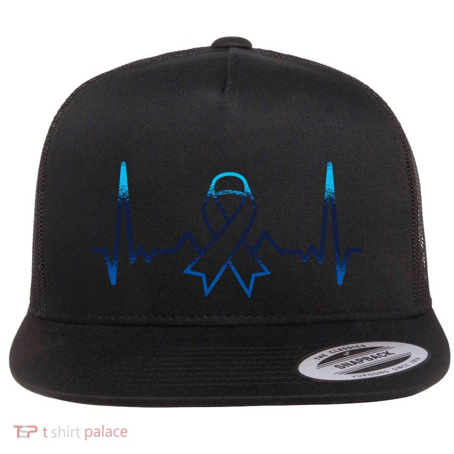 Blue Ribbon Gift Colorectal Cancer Heartbeat Colon Cancer Meaningful Gift Flat Bill Trucker Hat