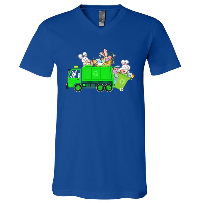 Bunny Riding Garbage Truck Easter Day Bunny Garbage Truck Cute Gift V-Neck T-Shirt