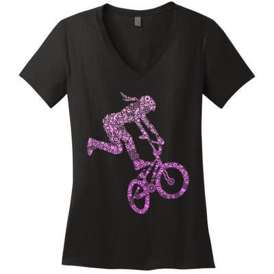 Bmx Rider Girl Bike Bicycle Stunt Racing Women's V-Neck T-Shirt