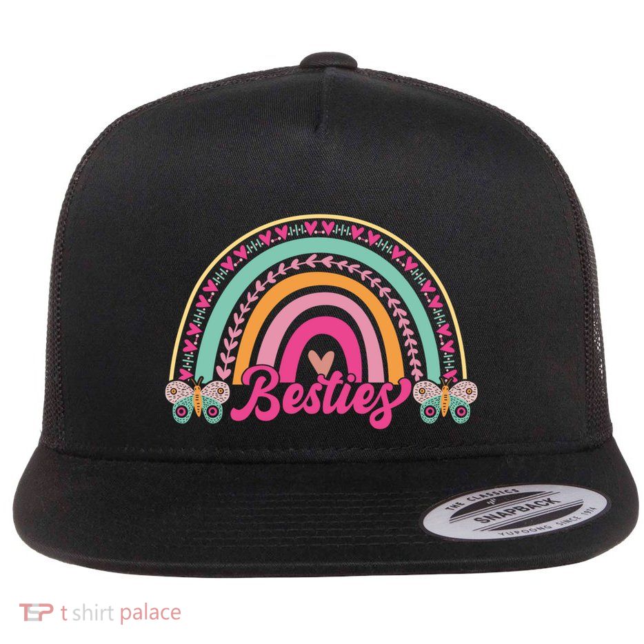 Besties Rainbow Hearts Butterfly Best Friend Twins Day Gift Flat Bill Trucker Hat
