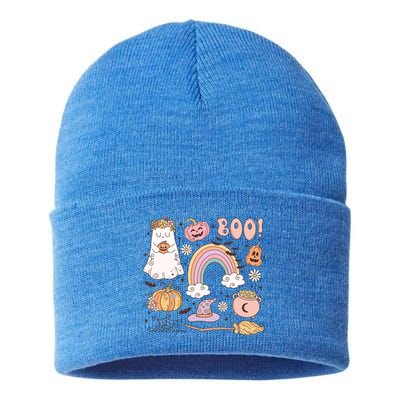 Boo Retro Halloween Ghost Design Gift Sustainable Knit Beanie