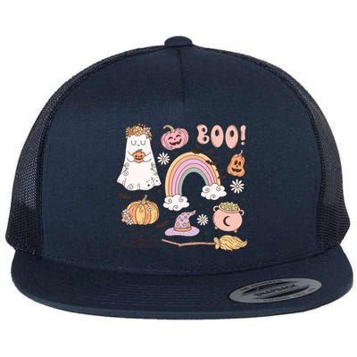 Boo Retro Halloween Ghost Design Gift Flat Bill Trucker Hat