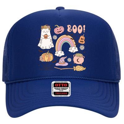 Boo Retro Halloween Ghost Design Gift High Crown Mesh Back Trucker Hat