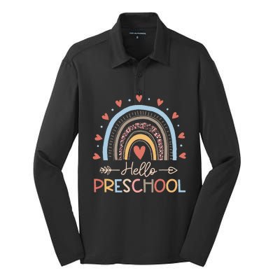 Boho Rainbow Hello Preschool First Day Of School Teacher Silk Touch Performance Long Sleeve Polo