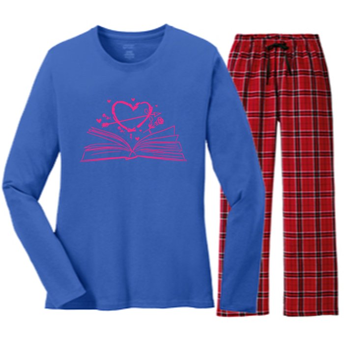 Bookworm Reading Hearts Valentines Day Book Lover Funny Gift Women's Long Sleeve Flannel Pajama Set 