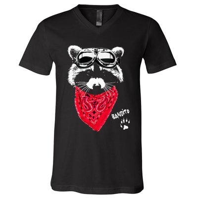 Bandito Raccoon In Red Scarf And Goggles V-Neck T-Shirt