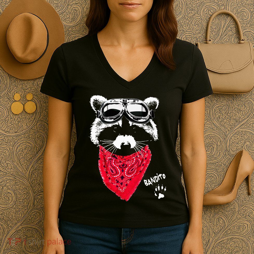 Bandito Raccoon In Red Scarf And Goggles Women's V-Neck T-Shirt