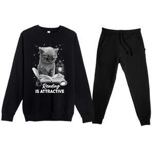 Bookaholic Reading Is Attractive Cat Reading A Book Bookish Meaningful Gift Premium Crewneck Sweatsuit Set