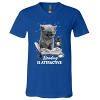 Bookaholic Reading Is Attractive Cat Reading A Book Bookish Meaningful Gift V-Neck T-Shirt