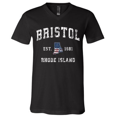 Bristol Rhode Island Ri Vintage American Flag Sports Design V-Neck T-Shirt