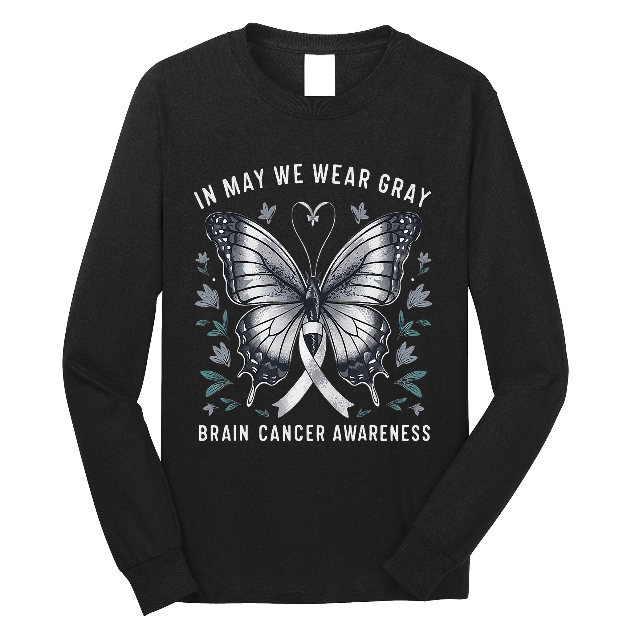 Butterfly Ribbon In May We Wear Gray Brain Cancer Awareness Long Sleeve Shirt