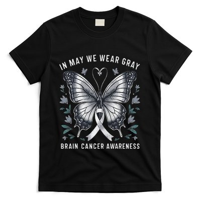 Butterfly Ribbon In May We Wear Gray Brain Cancer Awareness T-Shirt