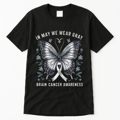 Butterfly Ribbon In May We Wear Gray Brain Cancer Awareness Tall T-Shirt