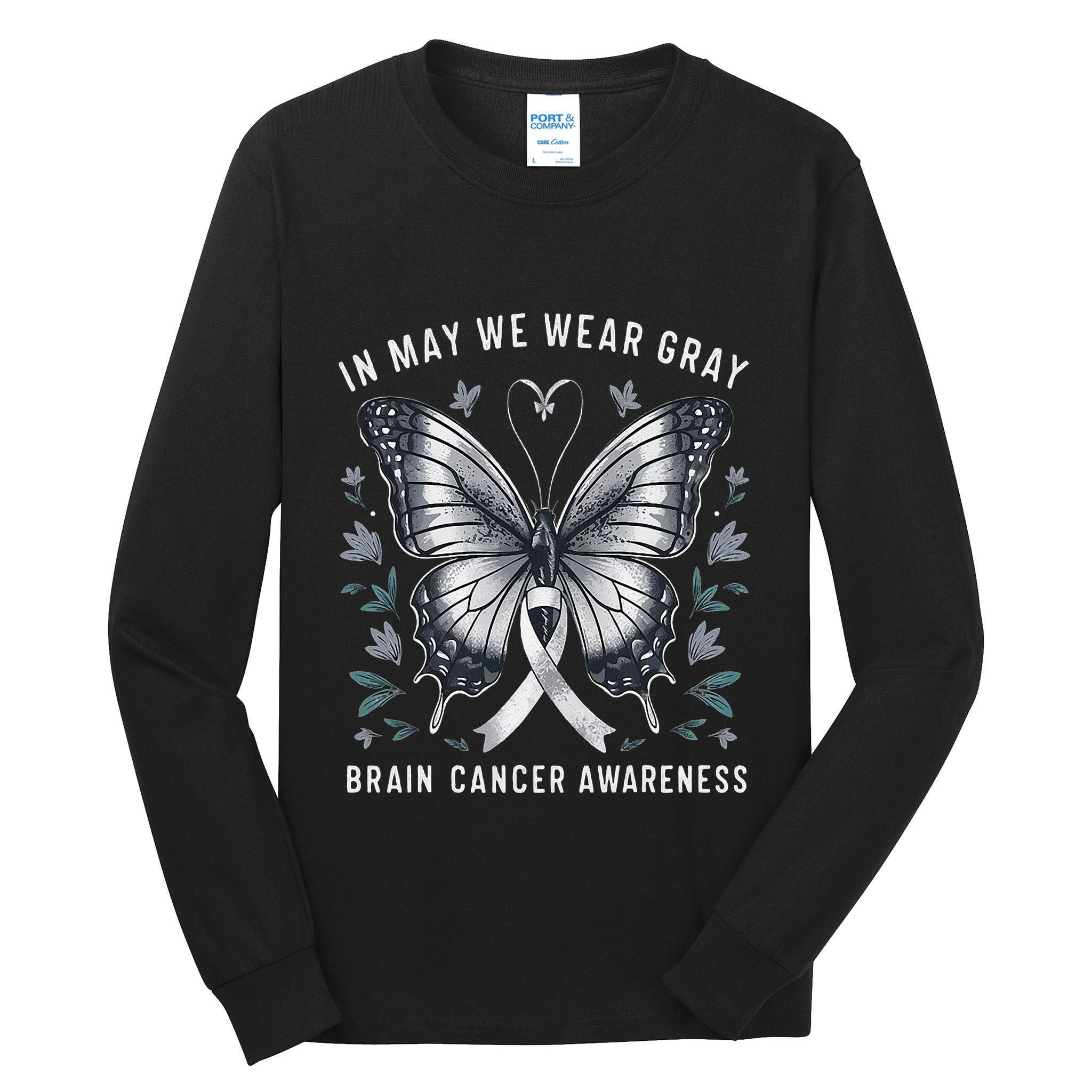 Butterfly Ribbon In May We Wear Gray Brain Cancer Awareness Tall Long Sleeve T-Shirt