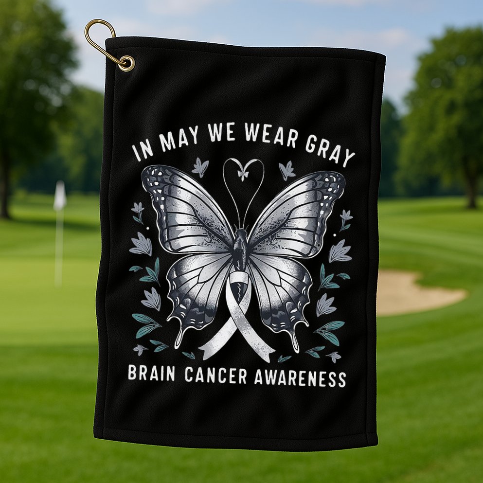 Butterfly Ribbon In May We Wear Gray Brain Cancer Awareness Golf Towel