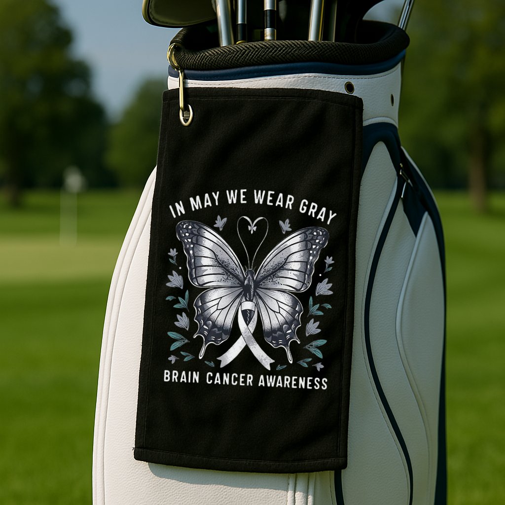 Butterfly Ribbon In May We Wear Gray Brain Cancer Awareness Golf Towel