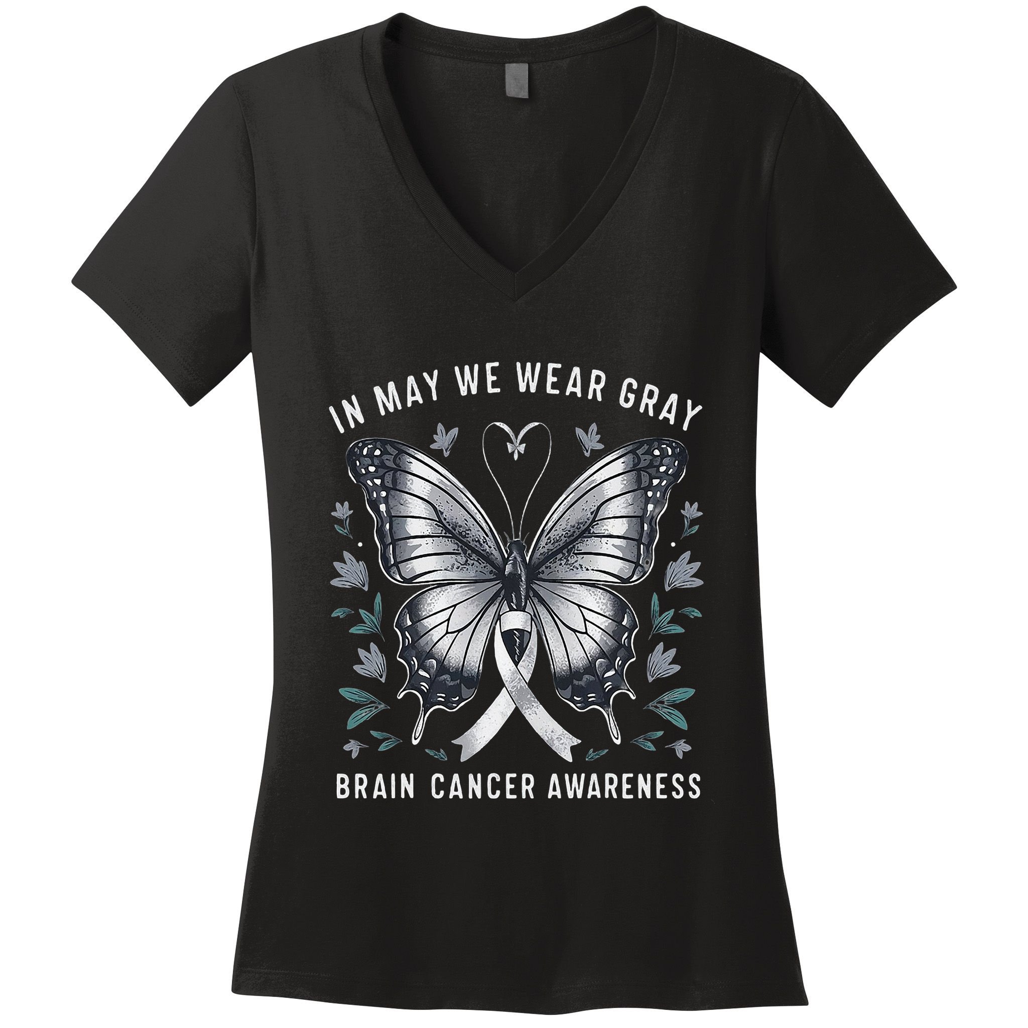 Butterfly Ribbon In May We Wear Gray Brain Cancer Awareness Women's V-Neck T-Shirt