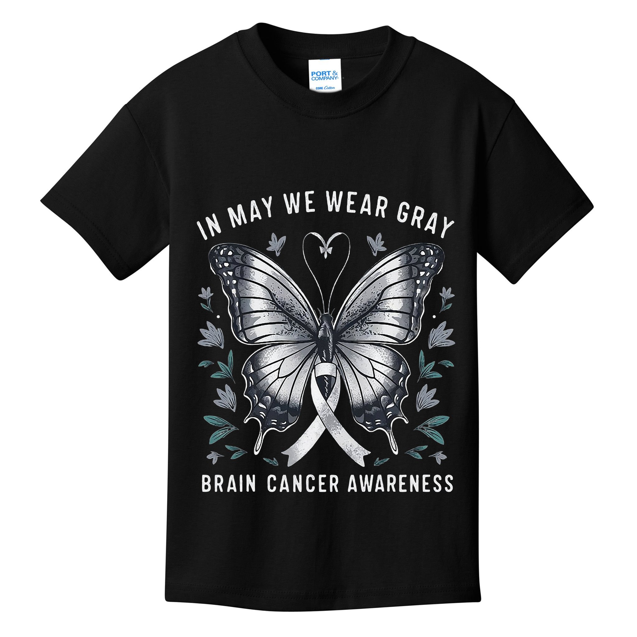 Butterfly Ribbon In May We Wear Gray Brain Cancer Awareness Kids T-Shirt