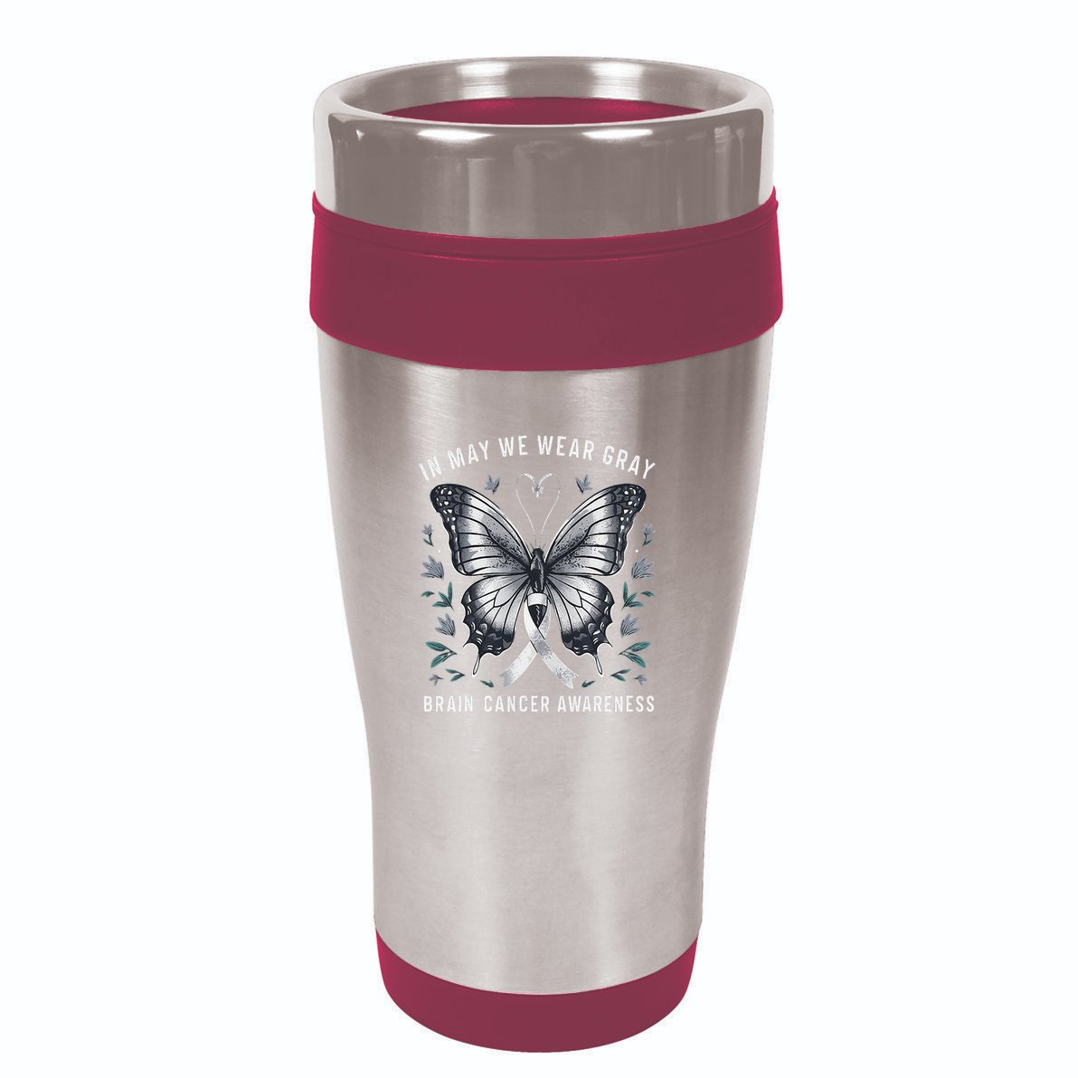Butterfly Ribbon In May We Wear Gray Brain Cancer Awareness 16oz Travel Tumbler