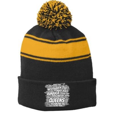 Born Raised In Queens Borough New York City Stripe Pom Pom Beanie