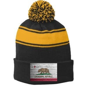 Brick California Republic Bear Flag Stripe Pom Pom Beanie