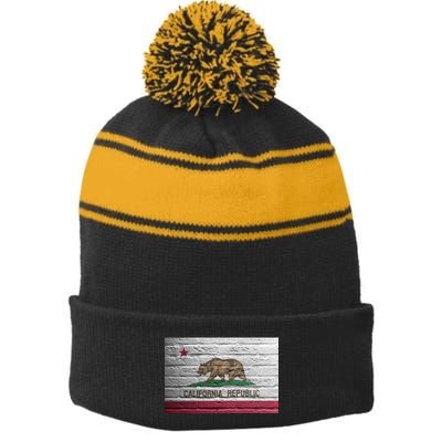 Brick California Republic Bear Flag Stripe Pom Pom Beanie