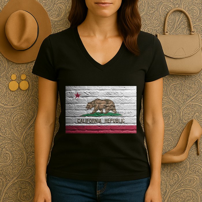 Brick California Republic Bear Flag Women's V-Neck T-Shirt