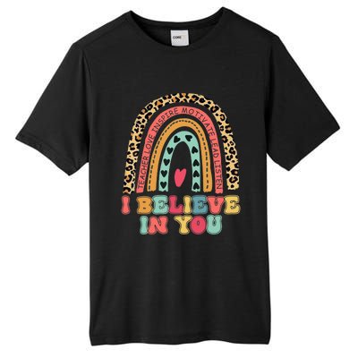 Believe Retro Leopard Rainbow Test Day Teacher Students Tall Fusion ChromaSoft Performance T-Shirt