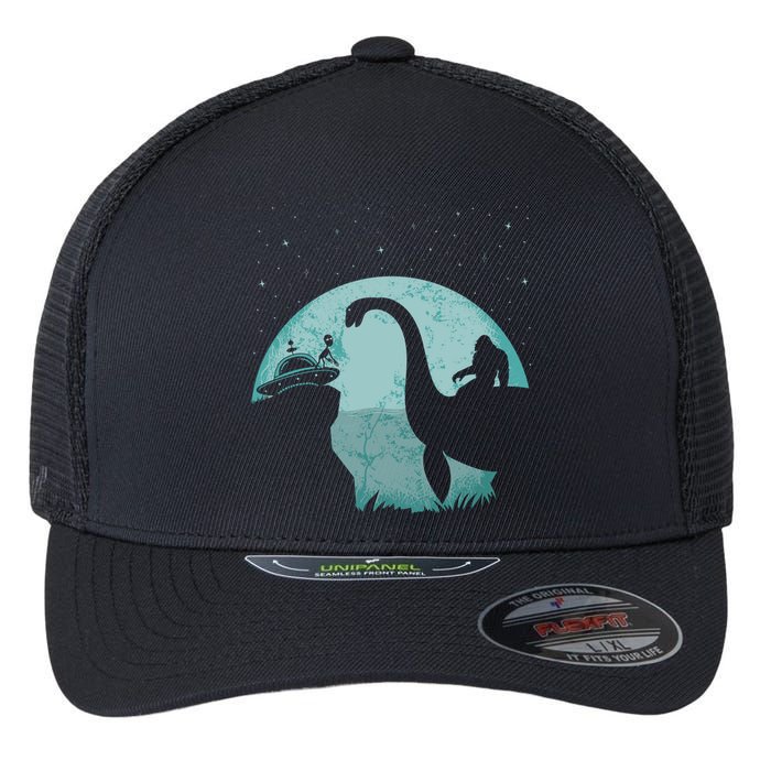 Bigfoot Riding Loch Ness Monster Sasquatch Ufo Abduction Flexfit Unipanel Trucker Cap