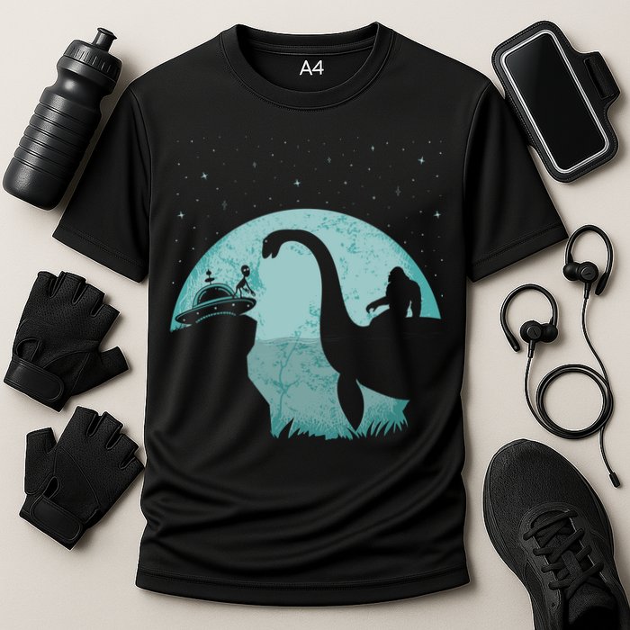 Bigfoot Riding Loch Ness Monster Sasquatch Ufo Abduction Cooling Performance Crew T-Shirt