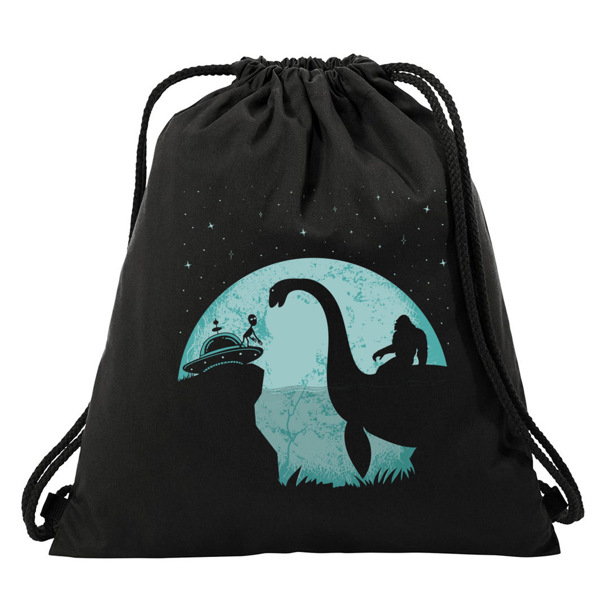 Bigfoot Riding Loch Ness Monster Sasquatch Ufo Abduction Drawstring Bag