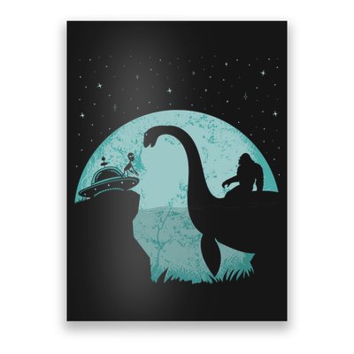Bigfoot Riding Loch Ness Monster Sasquatch Ufo Abduction Poster