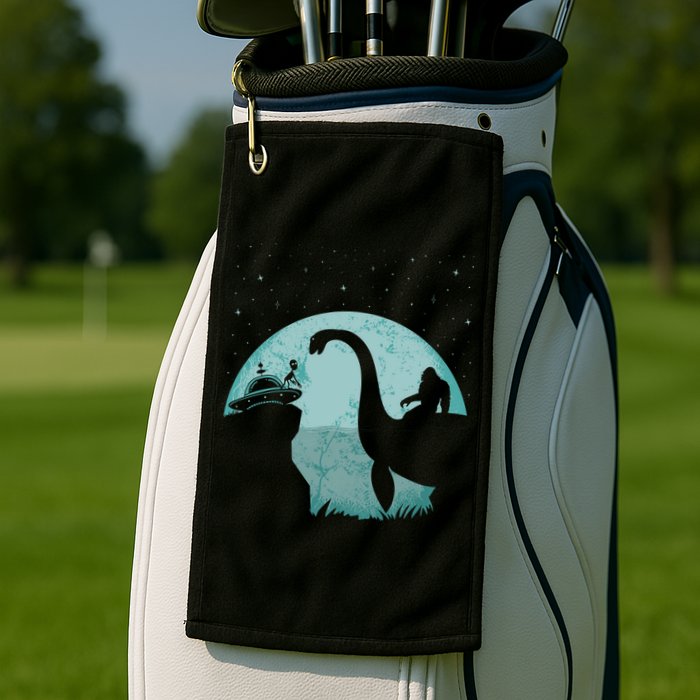 Bigfoot Riding Loch Ness Monster Sasquatch Ufo Abduction Golf Towel