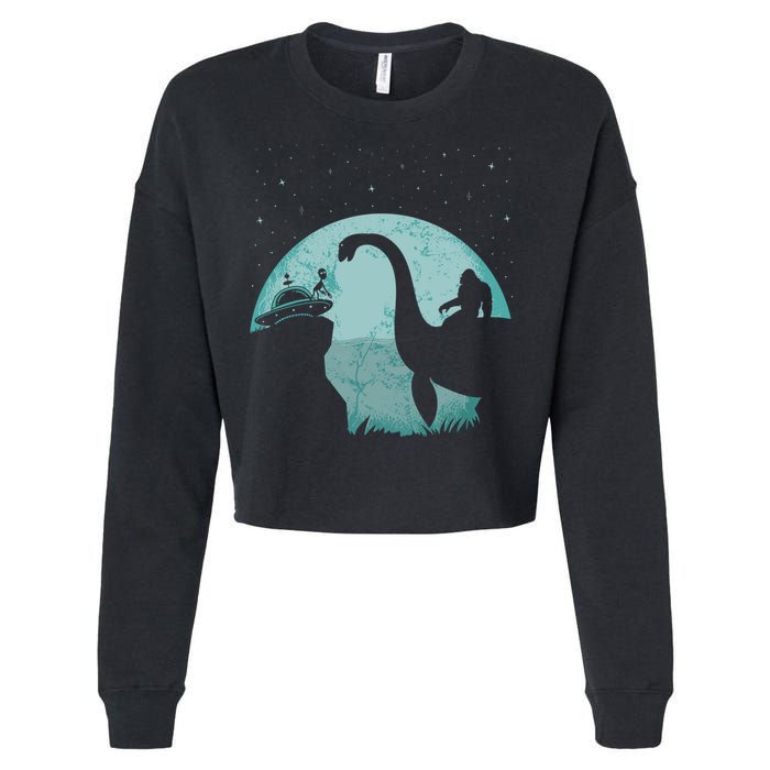 Bigfoot Riding Loch Ness Monster Sasquatch Ufo Abduction Cropped Pullover Crew