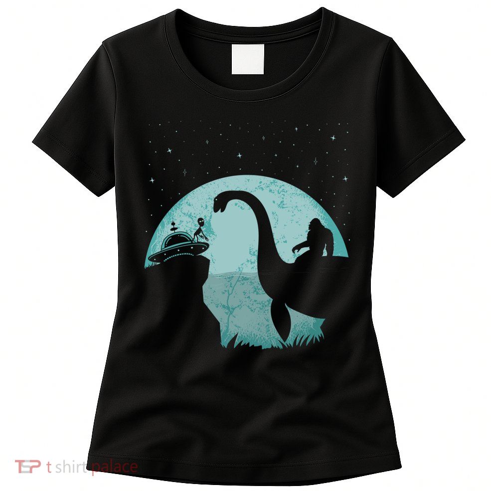 Bigfoot Riding Loch Ness Monster Sasquatch Ufo Abduction Womens T-Shirt