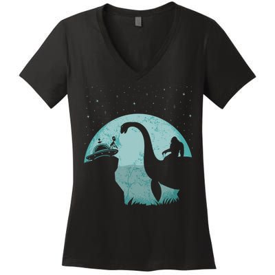 Bigfoot Riding Loch Ness Monster Sasquatch Ufo Abduction Women's V-Neck T-Shirt