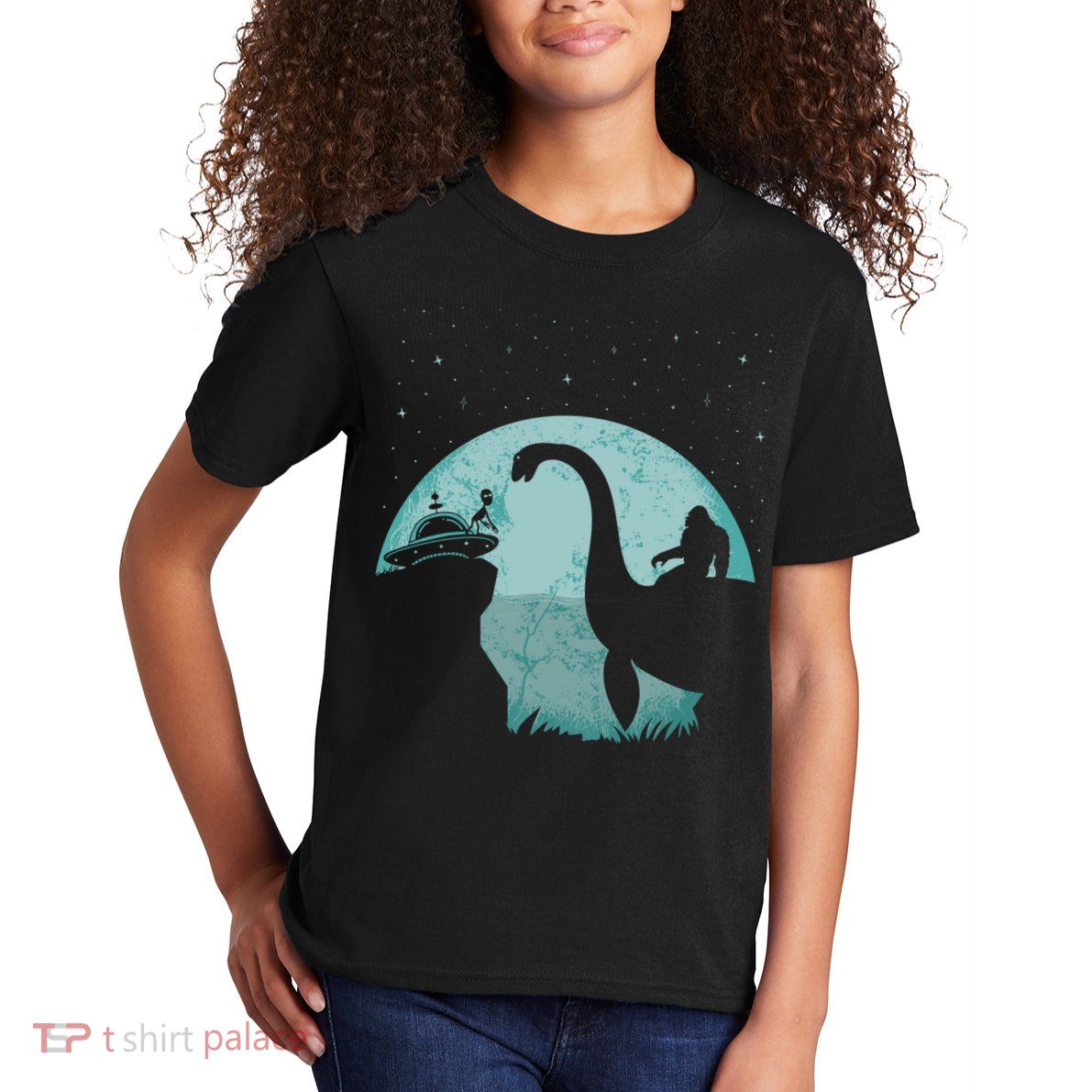 Bigfoot Riding Loch Ness Monster Sasquatch Ufo Abduction Kids T-Shirt