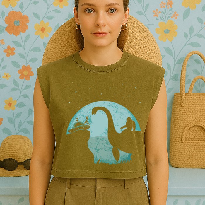 Bigfoot Riding Loch Ness Monster Sasquatch Ufo Abduction Garment-Dyed Women's Muscle Tee