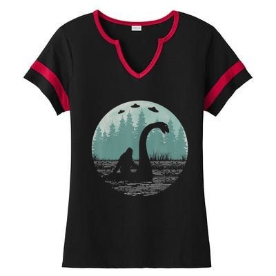 Bigfoot Riding Loch Ness Monster Nessie Funny Sasquatch Ufo Ladies Halftime Notch Neck Tee