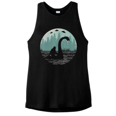 Bigfoot Riding Loch Ness Monster Nessie Funny Sasquatch Ufo Ladies PosiCharge Tri-Blend Wicking Tank