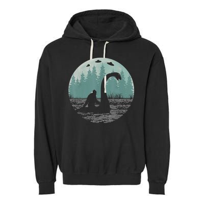 Bigfoot Riding Loch Ness Monster Nessie Funny Sasquatch Ufo Garment-Dyed Fleece Hoodie