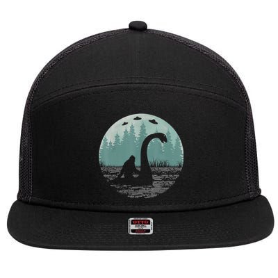 Bigfoot Riding Loch Ness Monster Nessie Funny Sasquatch Ufo 7 Panel Mesh Trucker Snapback Hat