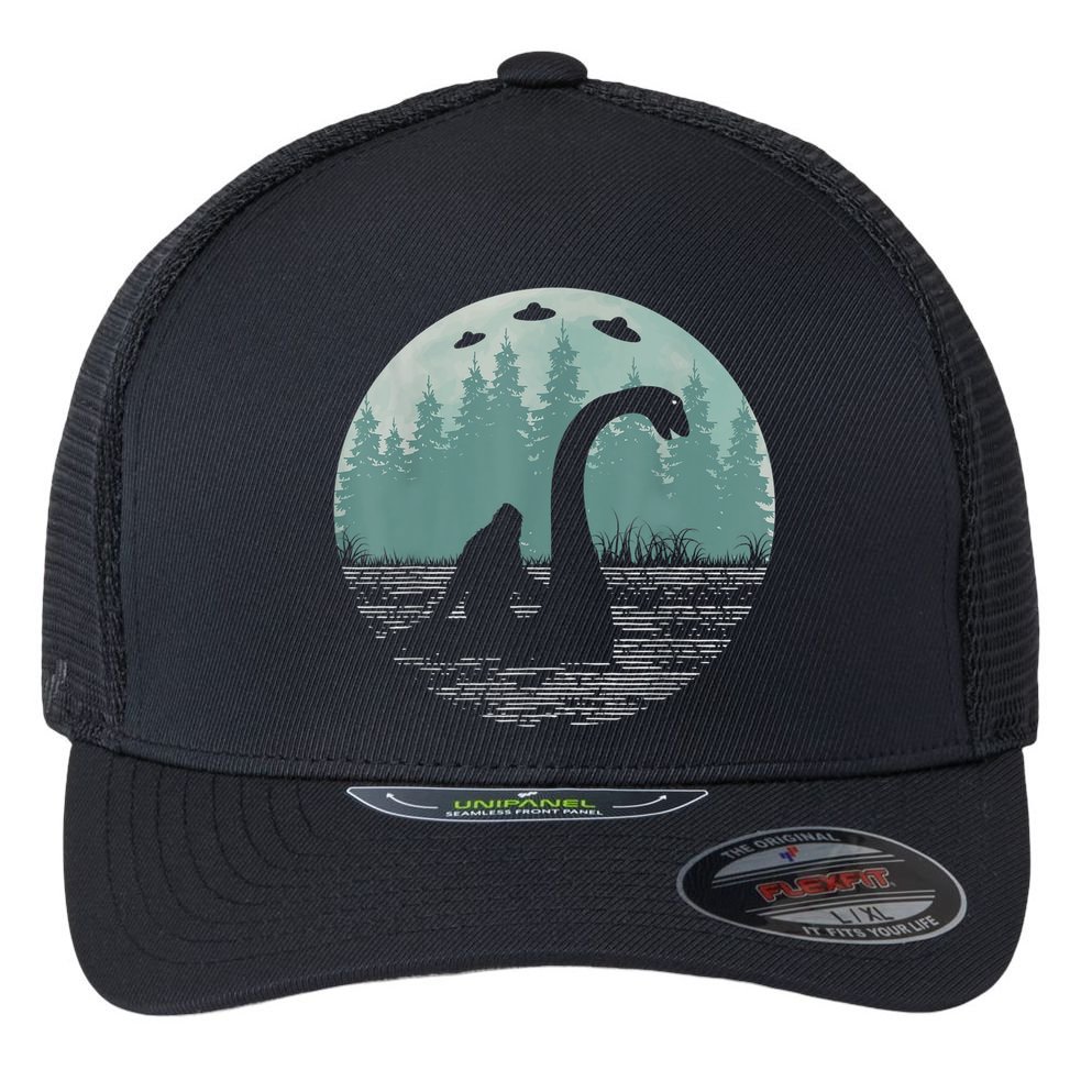 Bigfoot Riding Loch Ness Monster Nessie Funny Sasquatch Ufo Flexfit Unipanel Trucker Cap