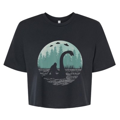 Bigfoot Riding Loch Ness Monster Nessie Funny Sasquatch Ufo Bella+Canvas Jersey Crop Tee