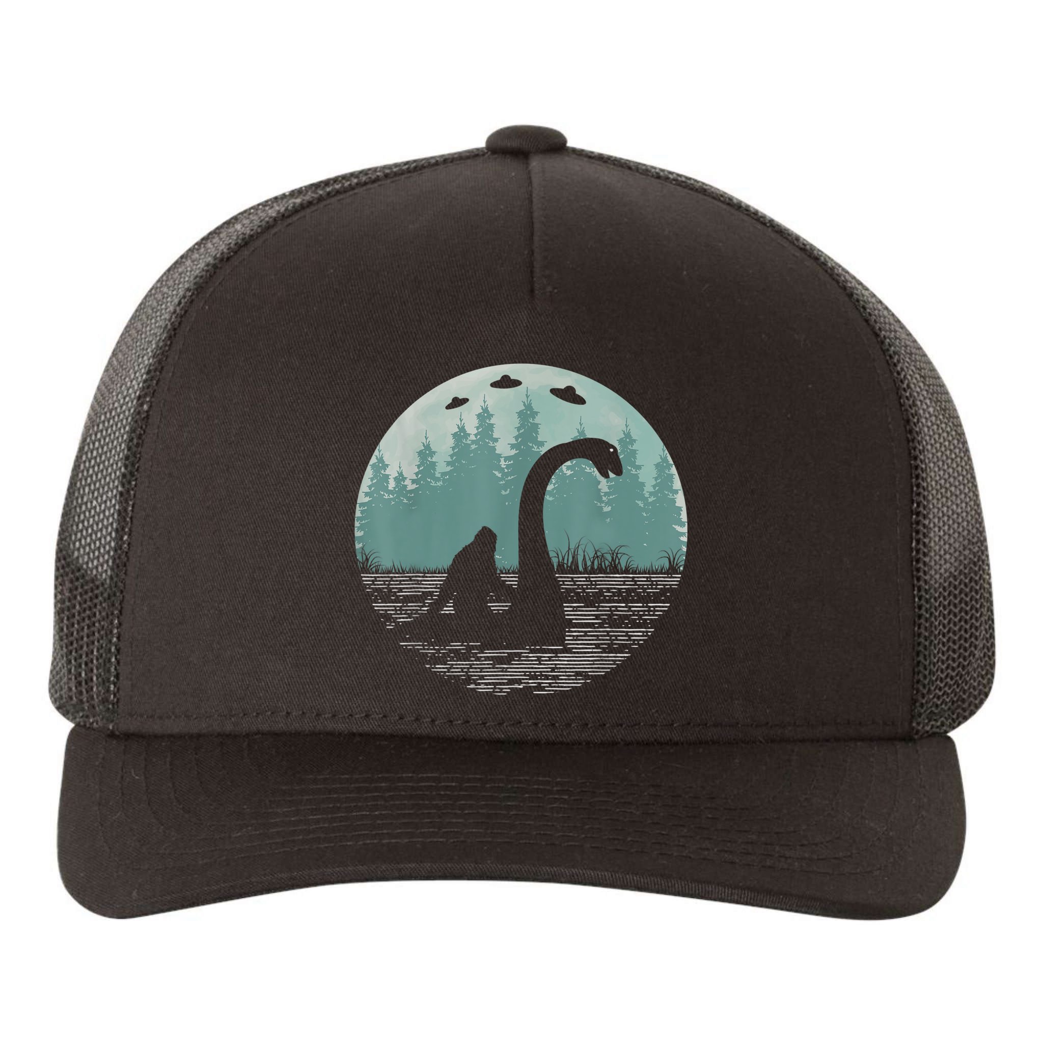 Bigfoot Riding Loch Ness Monster Nessie Funny Sasquatch Ufo Yupoong Adult 5-Panel Trucker Hat